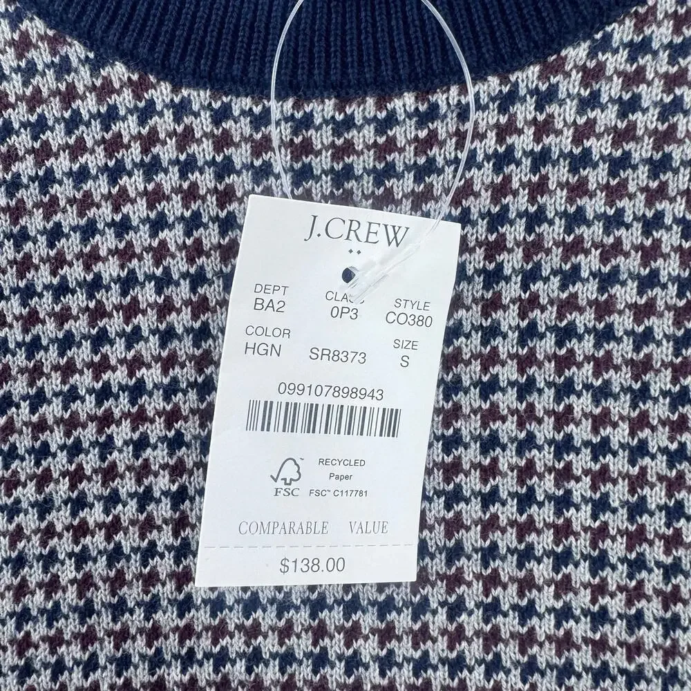 J. Crew Houndstooth Crewneck Sweater Heather Graphite Navy Gray Size S NWT